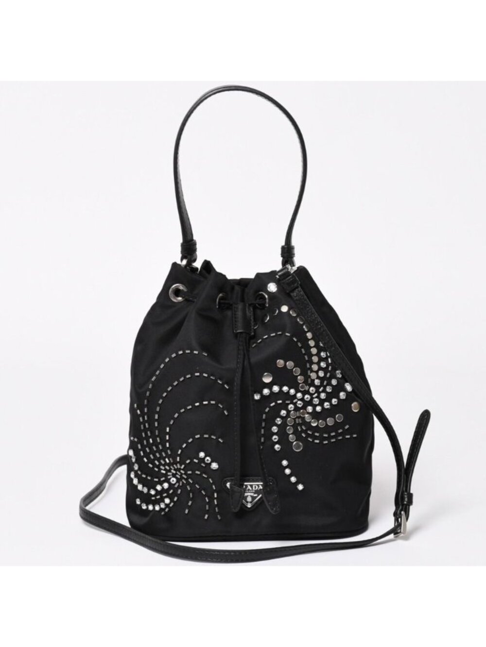 Prada Nylon Bag Hand Bag Handbag Rhinestone Triangle Logo Black